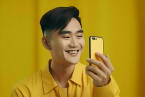 geel Aziatisch Mens smartphone. genereren ai foto