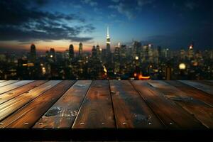 stadsgezicht charme wazig lucht, houten tafel tegen de verleiden van 's nachts gebouwen ai gegenereerd foto