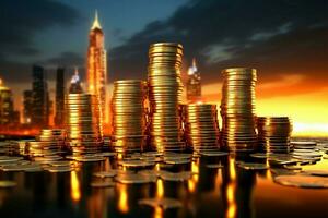 zonsopkomst onthult munt torens, symboliseert torenhoog financieel succes en strategie ai gegenereerd foto