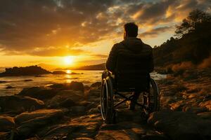 aftekenen rolstoel gebruiker, tegen een levendig zonsondergang, belichamend veerkracht en sterkte ai gegenereerd foto