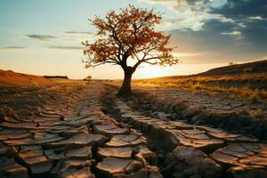 veerkrachtig boom te midden van gebarsten aarde betekent: klimaat veranderingen gevolg water tekort, globaal opwarming ai gegenereerd foto