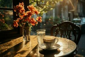 zonovergoten venster, koffie de nevel, uitgerekt tafel schaduw een ochtend pittoreske koffie ai gegenereerd foto