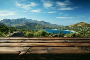 oceanisch tableau houten tafel boven wazig eiland en blauw lucht panorama ai gegenereerd foto