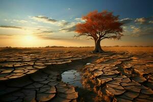 dor grond wiegen boom, illustreren klimaat veranderingen water crisis Effecten te midden van globaal opwarming ai gegenereerd foto