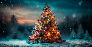 nieuw jaar vakantie concept. groot Kerstmis boom versierd met ballen en slinger - ai gegenereerd beeld foto