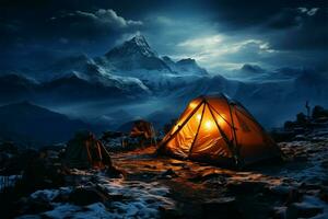 camping in de bergen Bij nacht ai gegenereerd foto