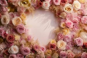 romantisch bruiloft achtergrond met goud ringen, Eustoma rozen, en delicaat roze veren. ai gegenereerd foto