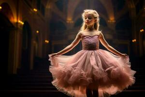 klein danser Aan een theatraal platform het uitvoeren van ballet. genereren ai foto