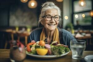 senior vrouw huis eten salade. genereren ai foto