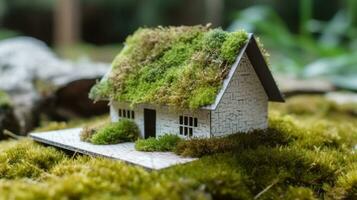 eco vriendelijk huis - papier huis Aan mos in tuin ai gegenereerd foto