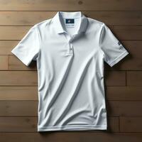 visie van Mannen polo wit t-shirt sjabloon Aan een houten achtergrond foto