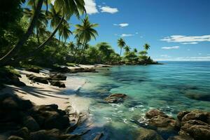 strand elegantie palmen zwaaien sierlijk langs de oever, framing oceanen verleiden ai gegenereerd foto