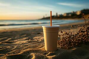 kust- koffie gelukzaligheid wit beker, zwart rietje Aan zanderig strand Bij zonsopkomst of zonsondergang ai gegenereerd foto