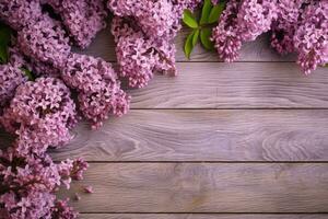 sereen lila bloei genade een houten plank achtergrond, de lente betovering. ai gegenereerd foto