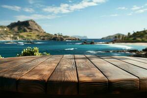 horizon verbinding houten tafel tegen wazig zee eiland en rustig blauw lucht ai gegenereerd foto