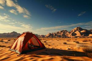 kalmte van de zand camping geïsoleerd in woestijnen stil uitgestrektheid, verwijderd van beschaving ai gegenereerd foto