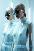 futuristische fashionista's in holografische couture Aan grimmig minimalistische interieurs achtergrond met leeg ruimte voor tekst foto