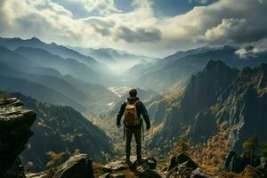 terug visie, backpacker Aan rotsachtig piek, armen opgevoed, geboeid door nevelig berg landschap ai gegenereerd foto