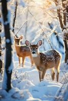 hert foerageren in een met sneeuw bedekt wildernis beeltenis dieren in het wild worstelen in extreem verkoudheid foto