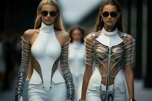 cybernetisch modellen strutting in strak monochroom ensembles uitstralend futuristische elegantie foto