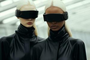 futuristische Dames in monochroom outfits presentatie van cybernetisch innovatie door minimalistische mode esthetiek foto