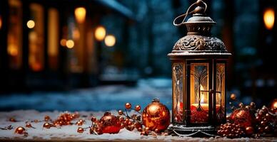 Kerstmis lamp met brandend kaars staand Aan vers sneeuw, wazig bokeh achtergrond - ai gegenereerd beeld foto