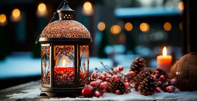 Kerstmis lamp met brandend kaars staand Aan vers sneeuw, wazig bokeh achtergrond - ai gegenereerd beeld foto