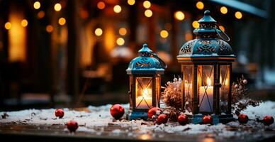 Kerstmis lamp met brandend kaars staand Aan vers sneeuw, wazig bokeh achtergrond - ai gegenereerd beeld foto