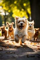 een blij tafereel van puppy's stoeien met hun ouder honden verspreiden gelach en geluk in de park foto