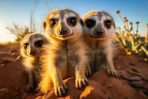 een speels meerkat familie onderzoekt hun woestijn omgeving blootleggen verborgen schatten met nieuwsgierigheid en grenzeloos energie foto