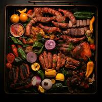 gegrild vlees met een verscheidenheid van vlees Aan een bord perfect voorafje gegenereerd door ai foto