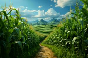 levendig maïs rijen sieren afgelegen agrarisch veld, een zee van groen spruiten ai gegenereerd foto
