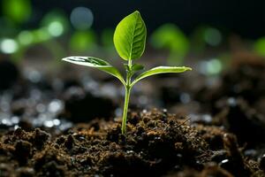 detailopname, bodem omarmt jong plant, aard belofte van groei en vitaliteit ai gegenereerd foto