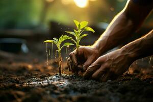 zaden van verandering mannetje hand- planten, cultiveren hoop en groei in natuur ai gegenereerd foto