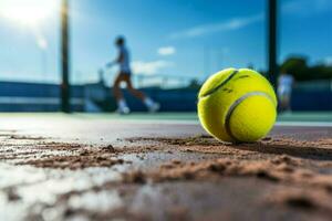 Kaukasisch padel tennis speler hits geel bal Aan een blauw rechtbank ai gegenereerd foto