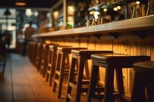 wazig achtergrond van een restaurant bar interieur met een houten tafel. ai gegenereerd foto