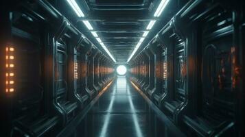 donker sci-fi tunnel met gloeiend neon lampen en reflecties ai gegenereerd foto