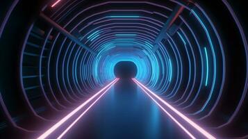 futuristische technologie tunnel met digitaal neon lichten ai gegenereerd foto