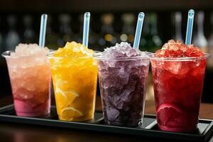 plastic cups houden bevroren fruit slushies, uitgelijnd in een kleurrijk, ijzig rij ai gegenereerd foto