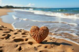 kust liefde hart geëtst Aan strand zand met backdrop van rollend golven ai gegenereerd foto