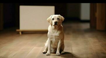 schattig hond Holding blanco teken Aan mooi hout verdieping in studio. ai gegenereerd foto