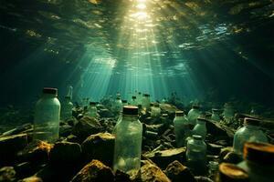plastic verontreiniging schaadt oceaan ecosystemen, benadrukkend ecologisch gevolg en milieu Gevaar ai gegenereerd foto