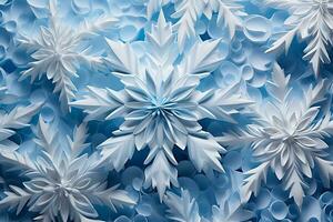 detailopname van ingewikkeld sneeuwvlokken vormen een laag Verlichting patroon Aan een sereen ijzig blauw achtergrond foto