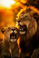 twee leeuwen in een woest confrontatie in de serengeti met een dramatisch zonsondergang achtergrond het verstrekken van leeg ruimte voor tekst foto