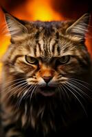 een detailopname van een woedend gestreept kat intens staren intens tegen een vurig helling backdrop foto