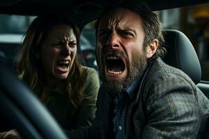 een woedend Mens schreeuwt van zijn auto terwijl een vrouw reageert met grote ogen frustratie in een verkeer jam foto