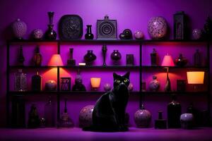 elegant zwart kat silhouetten genade een diep Purper achtergrond vastleggen de mysterie en verleiden van deze raadselachtig schepsels foto