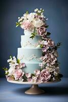 elegant drieledig bruiloft taart ontwerp achtergrond met leeg ruimte voor tekst foto