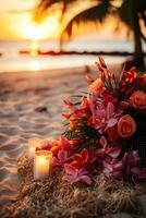 tropisch strand bruiloft instelling Bij zonsondergang achtergrond met leeg ruimte voor tekst foto
