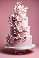 drie lagen elegant bruiloft taart met delicaat eetbaar decoraties geïsoleerd Aan een roze helling achtergrond foto